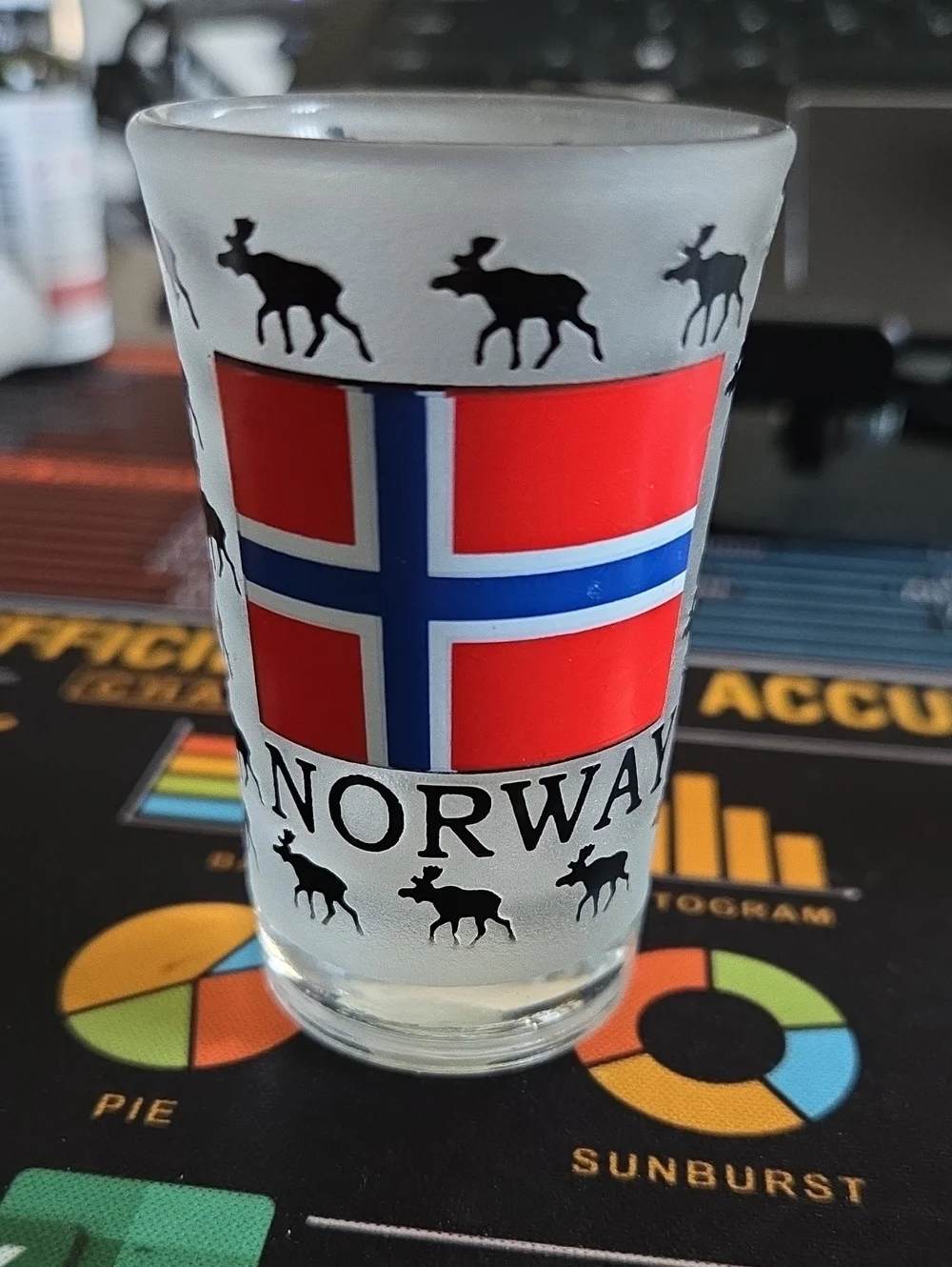 Norway Flag Glass Shot Glass with Moose Design - Red/Blue/White